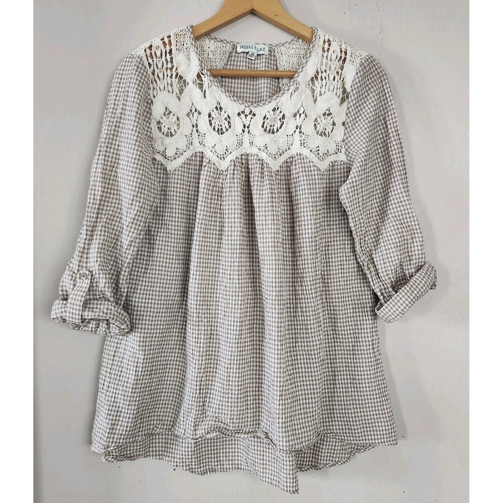 Tassels N Lace Womens M Gingham Crochet Roll Tab Sleeve Hi Lo Top Shirt Country